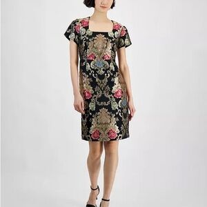 Tahari Black Dress with Pink and Gold Floral Design
